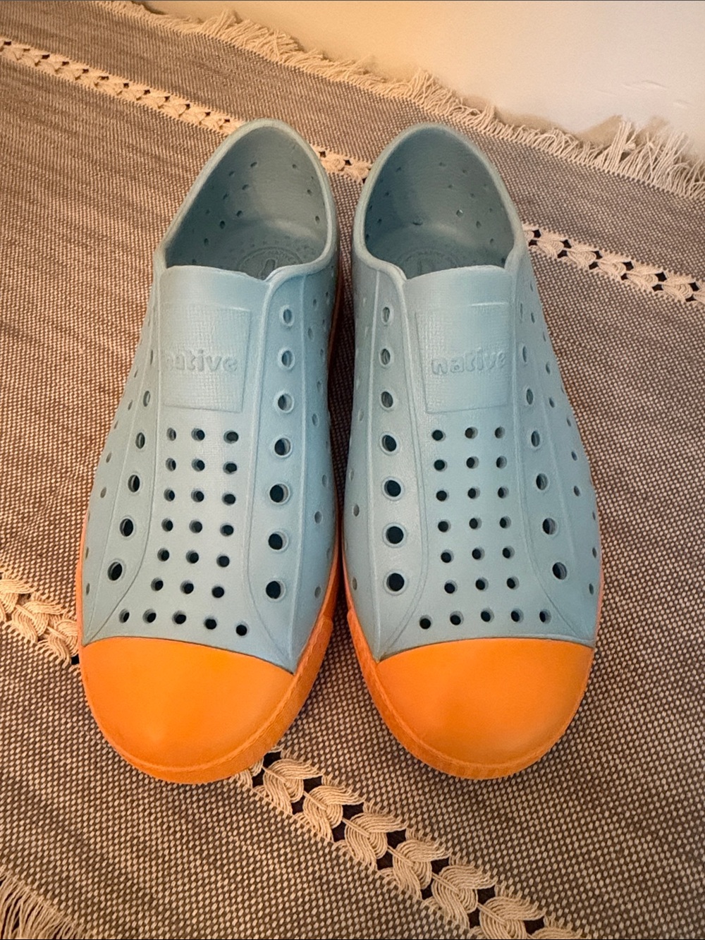 Native Light Blue Slip-On Shoes with Orange Toe Cap